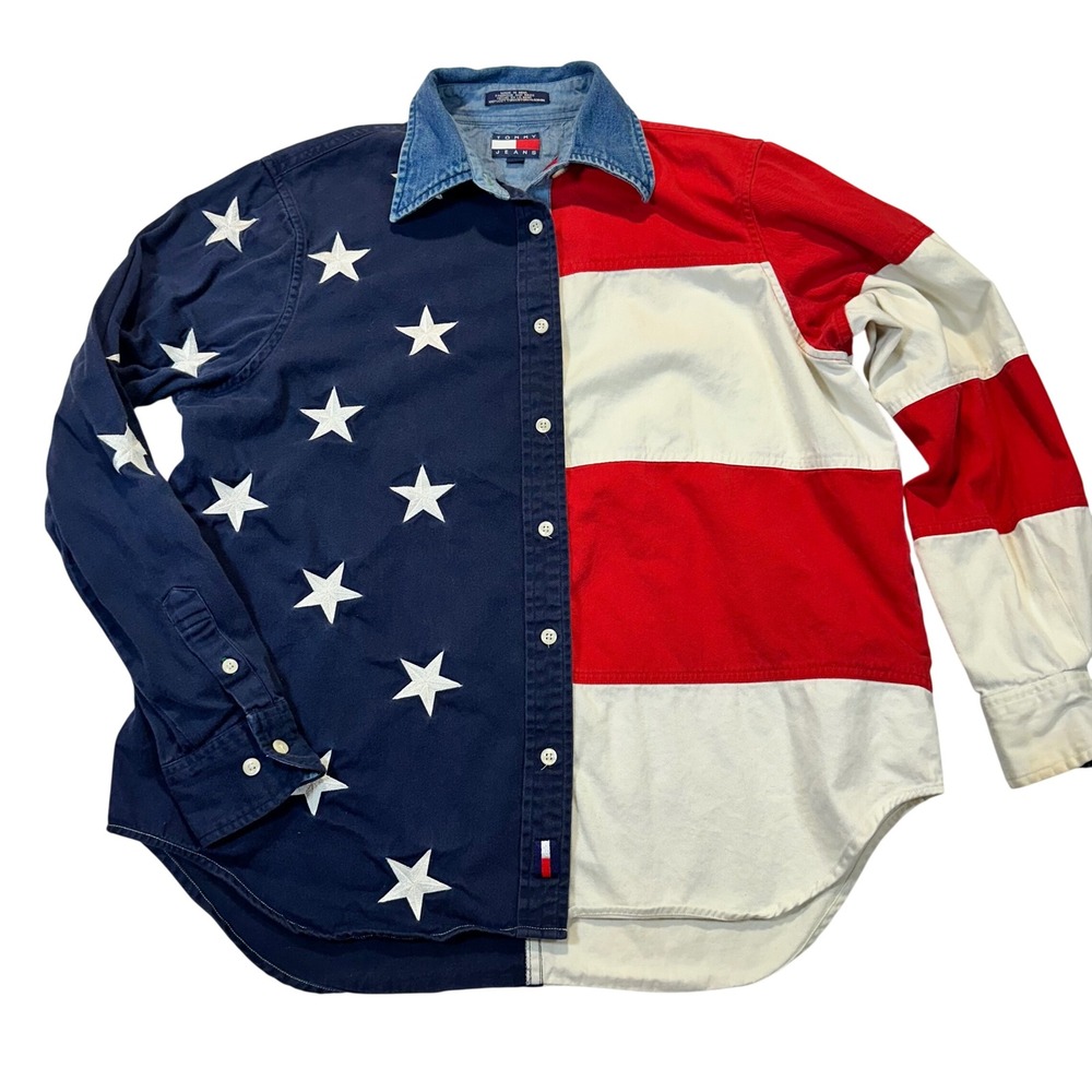 Tommy Jeans Flag Button Down Shirt Womens 10 Multicolor Americana Vintage 90s
